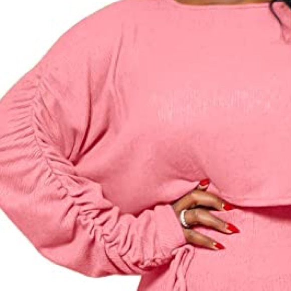 Pink Ribbed 2 Piece Set Ruched Sleeve Crop Top and Long Pants Workout Set - Picture 6 of 7